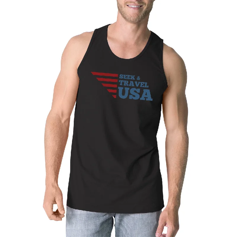 Essentials On Sale Seek & Travel USA Mens Black Sleeveless Tee Shirt Round Neck Tanks