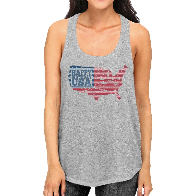 Charming Everyday Clothing For Women Happy Birthday USA Womens Gray Sleeveless Top Funny 4 Of July Tank