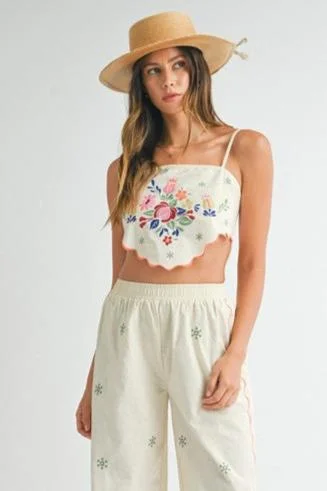 Exclusive Fashion Deals PREORDER - On Island Time Linen Scallop Embroidered Crop Top