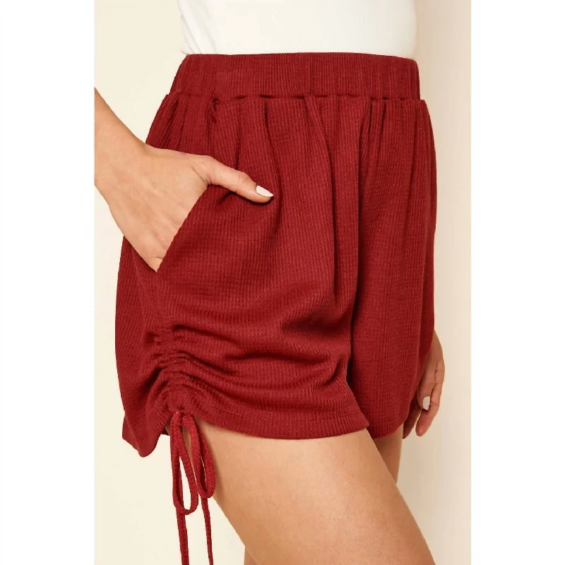 Women's Comfortable Lounge Garments Good Days Ruched Waffle Knit Shorts In Cherry