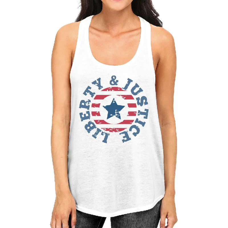 Women's Comfortable Clothes For Weekends Liberty & Justice Womens White Sleeveless Tee 4th Of July Tank Top