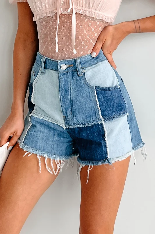 Cozy Chic Promotions Theo Denim Patchwork High Waisted Shorts (Denim Block)