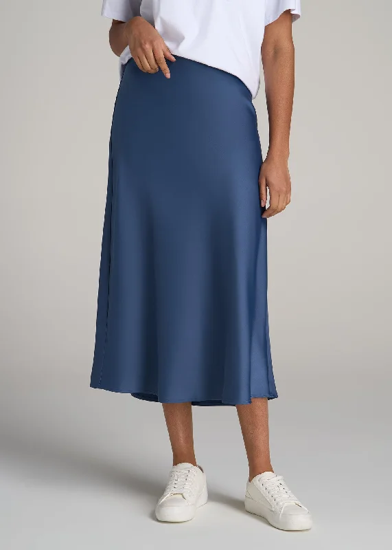 Affordable Women's Clothing Pull-On Satin Midi Skirt for Tall Women in Steel Blue