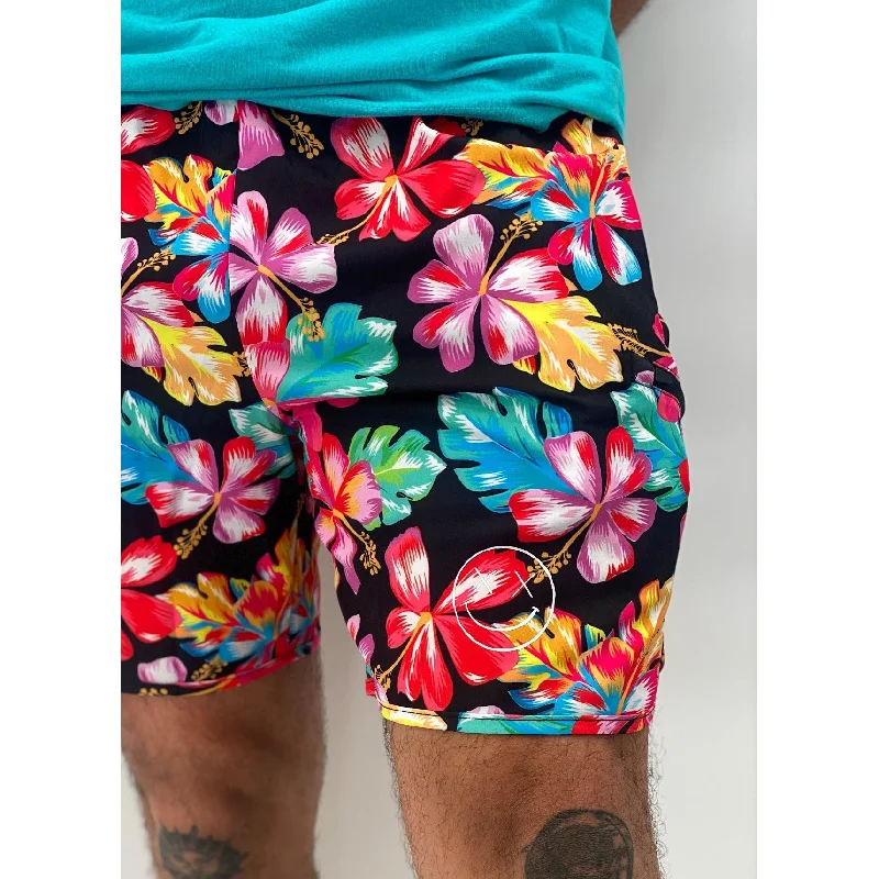 Women's Elegant Apparel Salty Savage Unisex Wave Cut Gym & Swim Shorts | Hawaiian Flowers