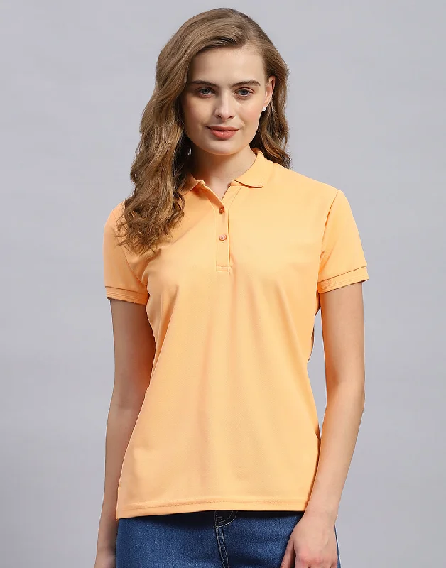 Women's Stylish Vacation Attire Women Orange Solid Polo Collar Half Sleeve T-Shirt