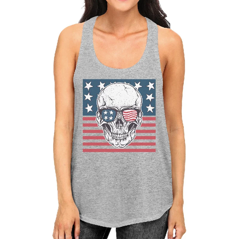 Women's Clothing Outfit Set Skull American Flag Womens Grey Tank Top Crewneck Line Cotton Tee