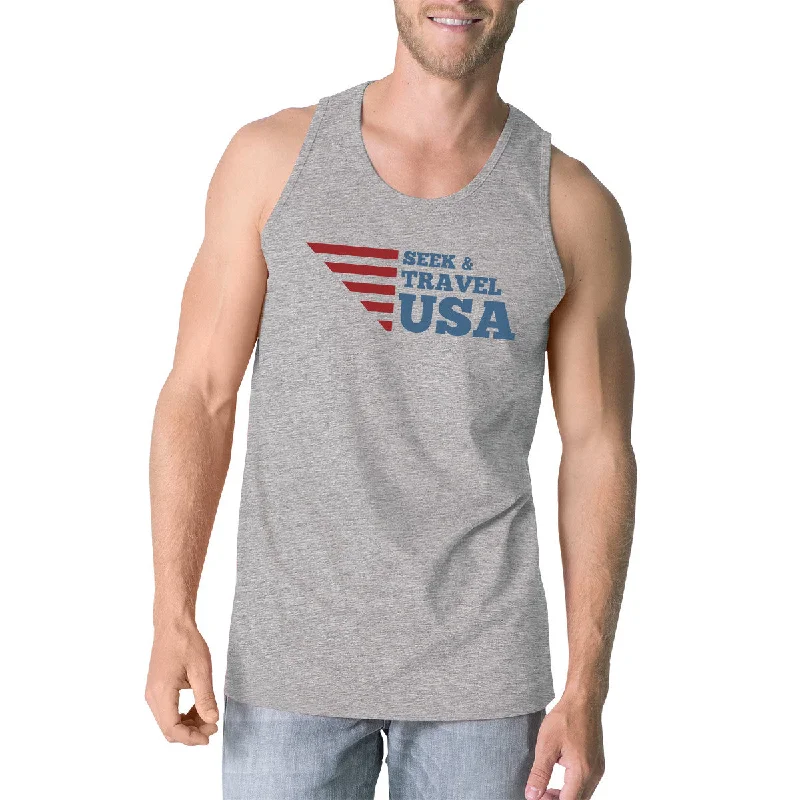 Fashionable Comfort Promotions Seek & Travel USA Mens Gray Sleeveless Tee Shirt Round Neck Tanks