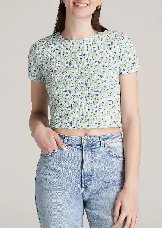 Women's Vintage-Inspired Clothing Cropped Waffle Tee in Corydalis Blue Floral - Women's Tall T-Shirts