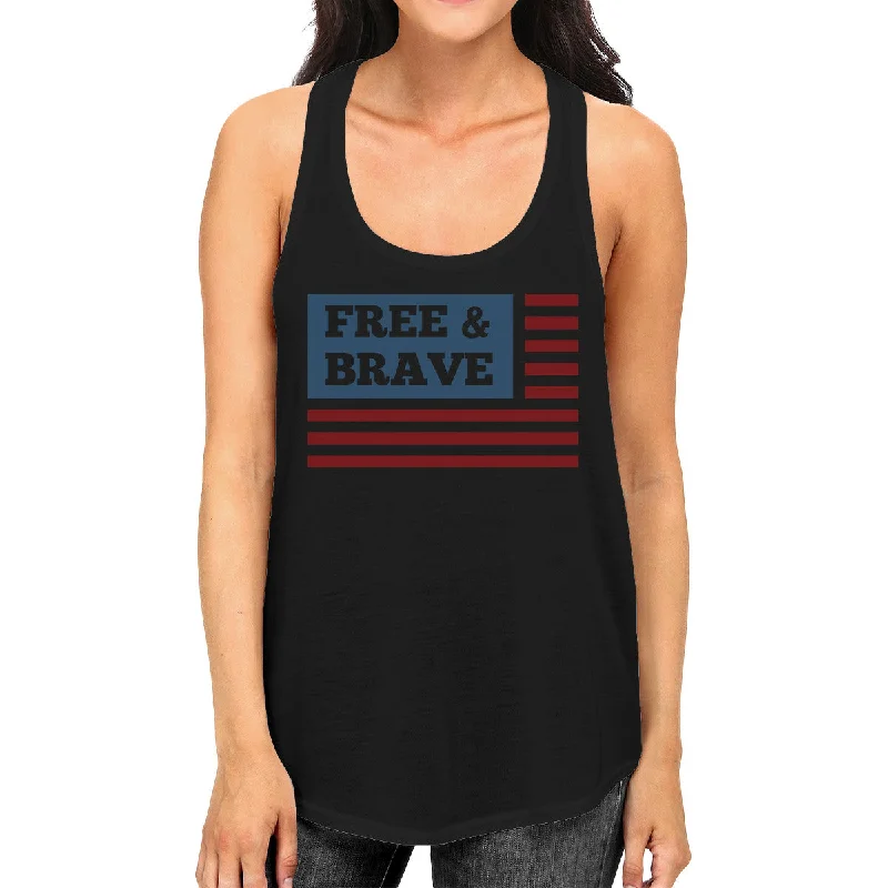 Women's Vacation Outfit Set Free & Brave Us Flag Womens Black Funny Graphic Tanks Crewneck Line