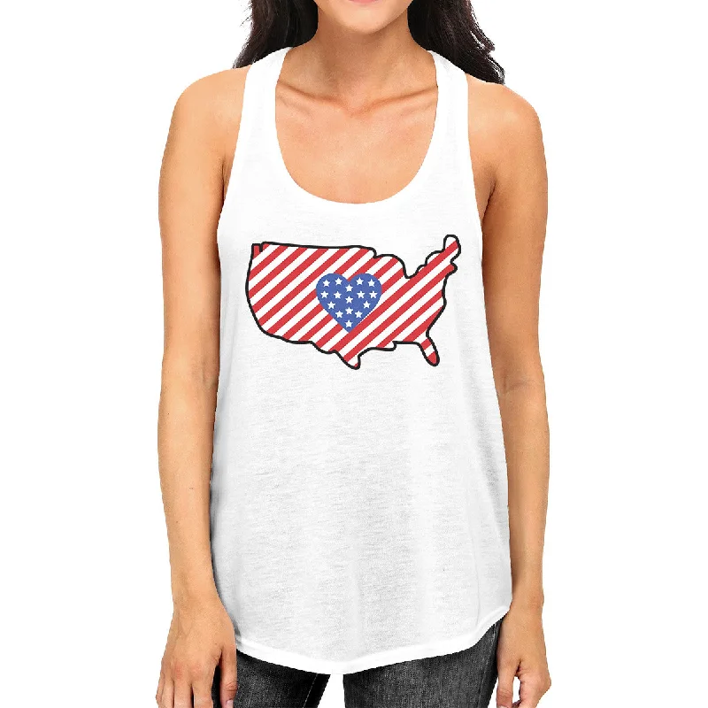 Women's Cozy Outfit For Lounging USA Map Cute American Flag With Heart Womens White Sleeveless Tee