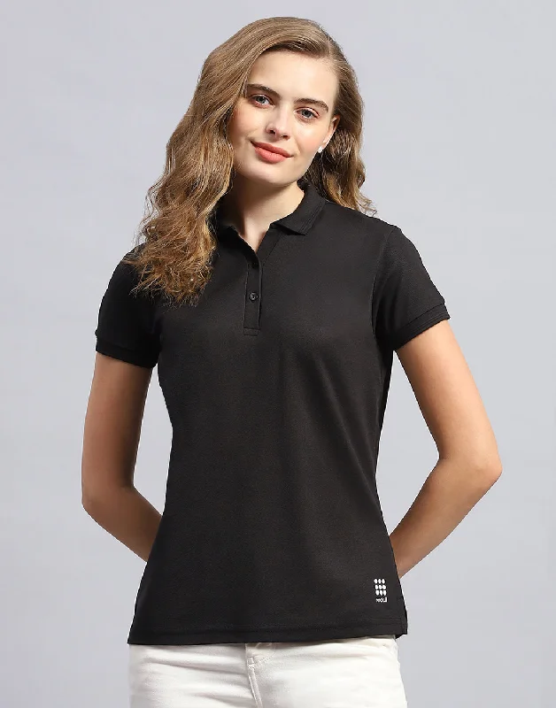 Comfortable Garments For Women Women Black Solid Polo Collar Half Sleeve T-Shirt