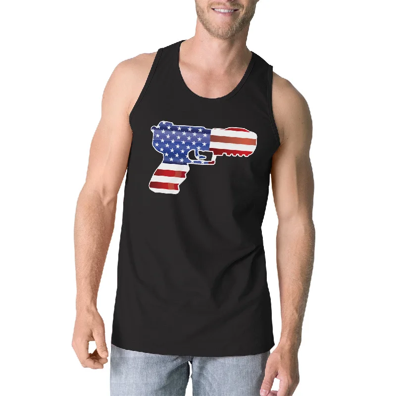 The Latest Fashion Trends Pistol Shape American Flag Men Tank Top Unique Fourth Of July Tee