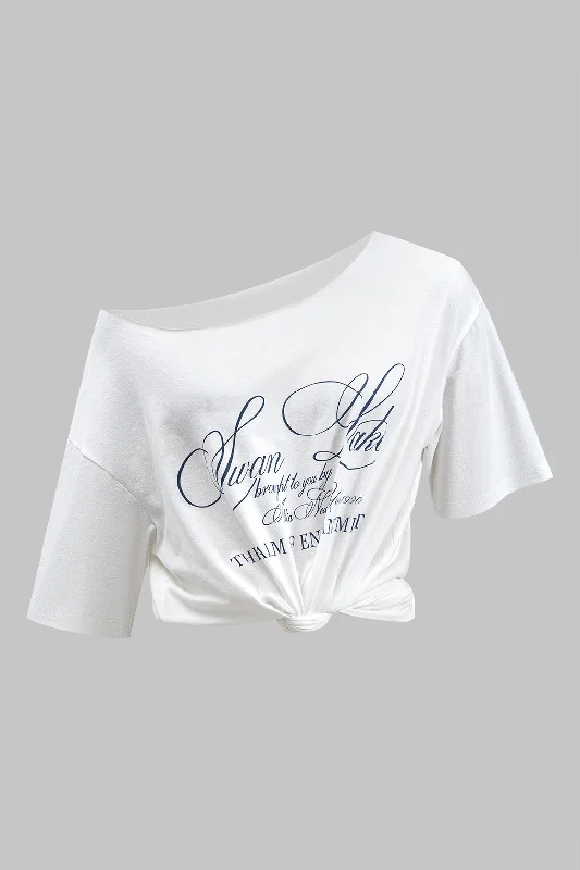 Elegant Fashion Offers Letter Print Asymmetry Neck Short Sleeve T-Shirt