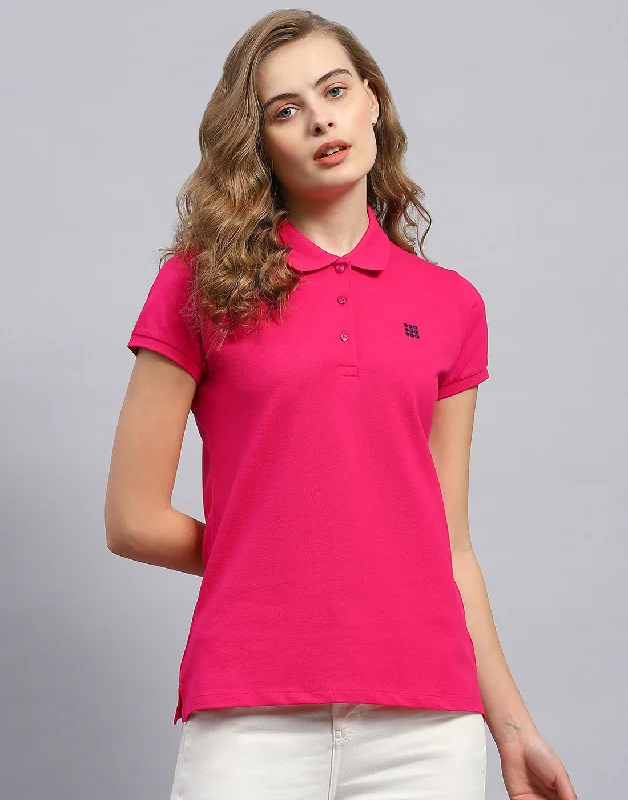 Women's Active Garments For Workouts Women Pink Solid Polo Collar Half Sleeve T-Shirt