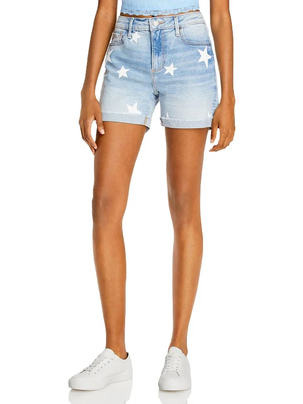 Seasonal Style Discounts Star Womens Printed Frayed Hem Denim Shorts