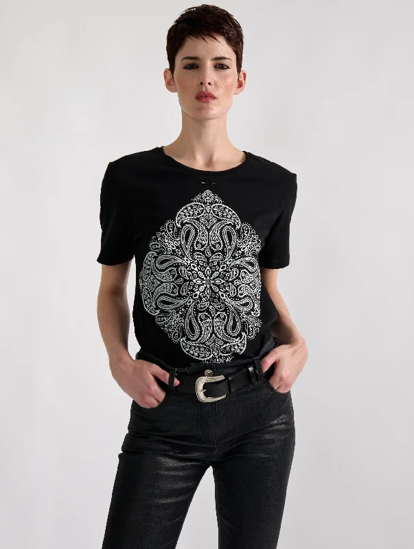 Women's Activewear Garments Screen-printed bandana tee-shirt in black cotton jersey