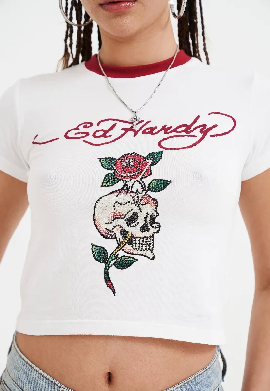 Timeless Women's Clothing Womens Skull Rose Diamante Baby T-Shirt Top - White