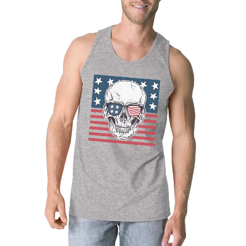 Massive Savings Skull American Flag Mens Grey Tank Top Crewneck Line Cotton Tee