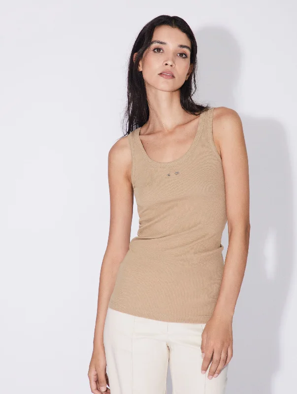 Women's Athletic Clothes Beige round neck ribbed jersey tank top