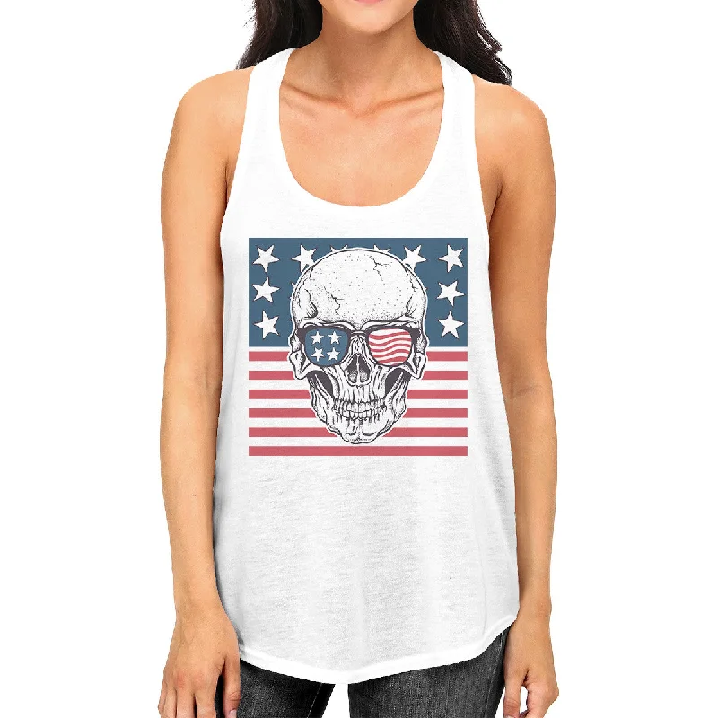 Women's Activewear Outfit Skull American Flag Womens White Tank Top Crewneck Line Cotton Tee