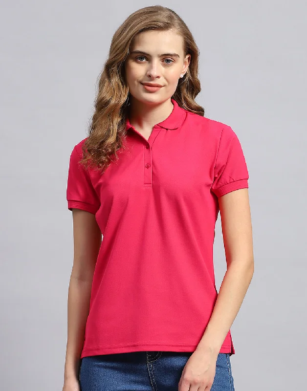 Women's Evening Garments Women Pink Solid Polo Collar Half Sleeve T-Shirt