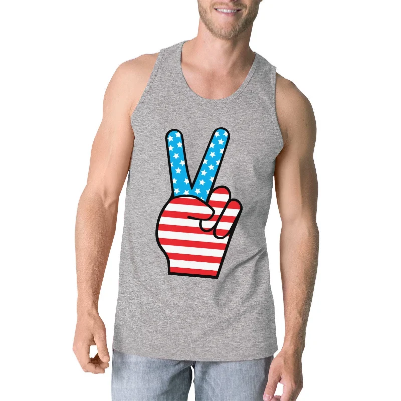 Unleash Your Trendy Side Peace Sign American Flag Unique Independence Day Tank Top For Him