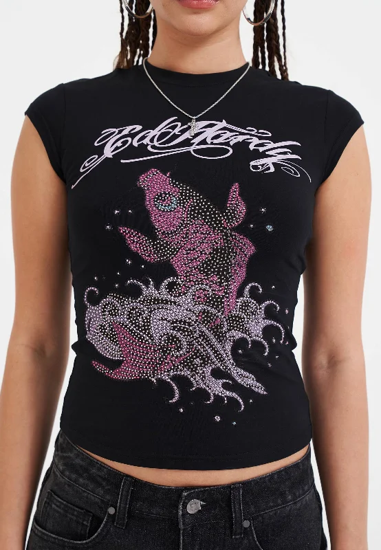 Exclusive Fashion Deals Womens Koi Fish Diamante Cap Sleeve T-Shirt Top - Black