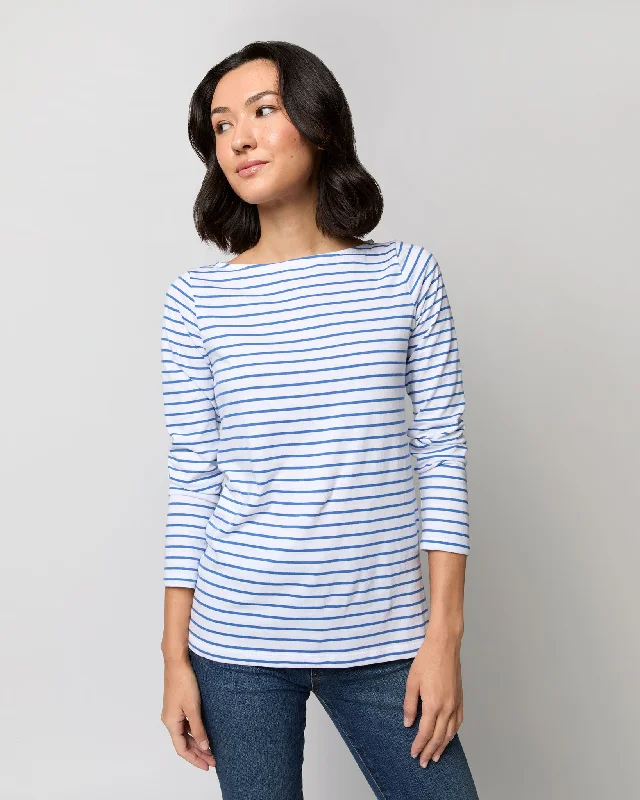 Women's Holiday Attire Long-Sleeved Boatneck Tee in White/Blue Stripe Jersey