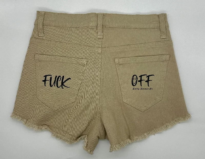 Women's Holiday Clothing Salty Savage Ladies Mid Rise “FUCK OFF” Distressed Stretch Jean Shorts | Khaki