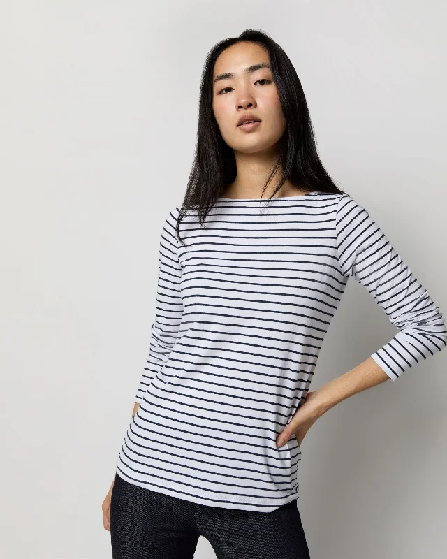 Formal Garments For Women Long-Sleeved Boatneck Tee in White/Heather Navy Stripe Jersey