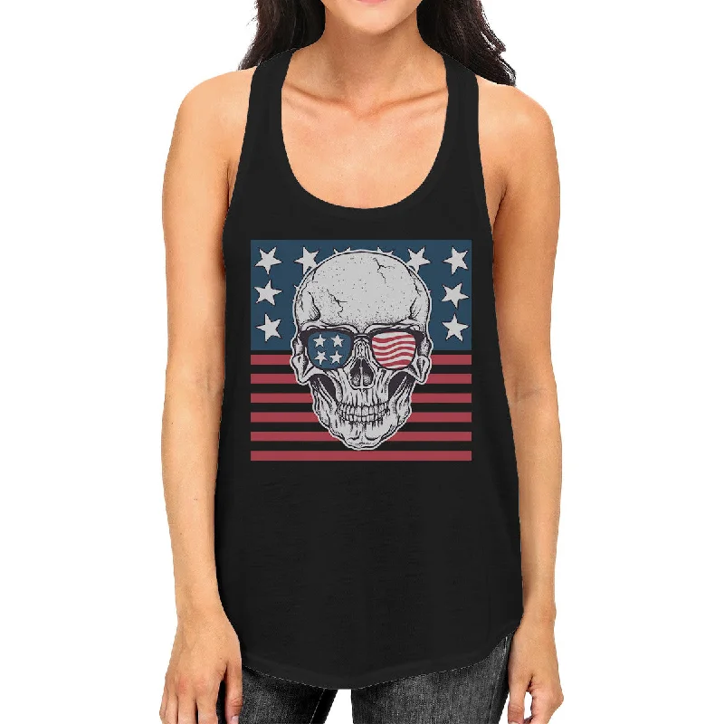 Women's Night-Out Outfit Skull American Flag Womens Black Tank Top Crewneck Line Cotton Tee