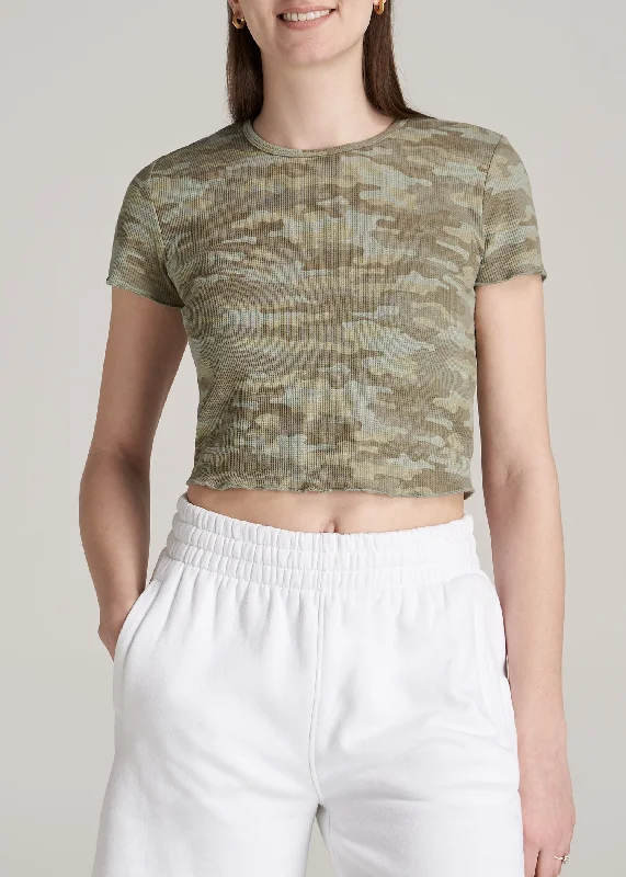 Stylish Deals Cropped Waffle Tee in Green Camo Print - Women's Tall T-Shirts