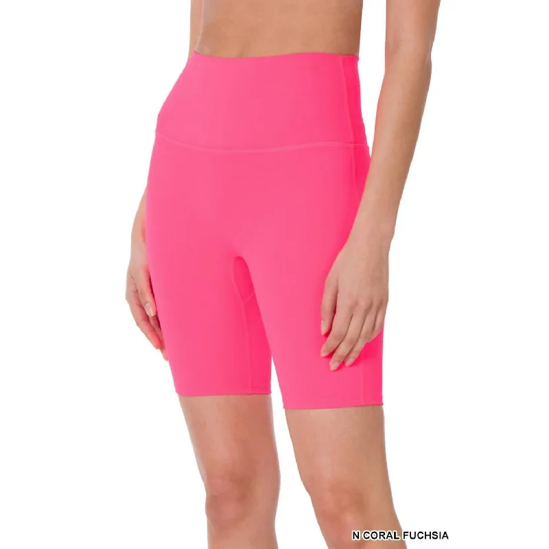 Stylish Women's Apparel High Rise Wide Waistband Biker Shorts In Fuchsia