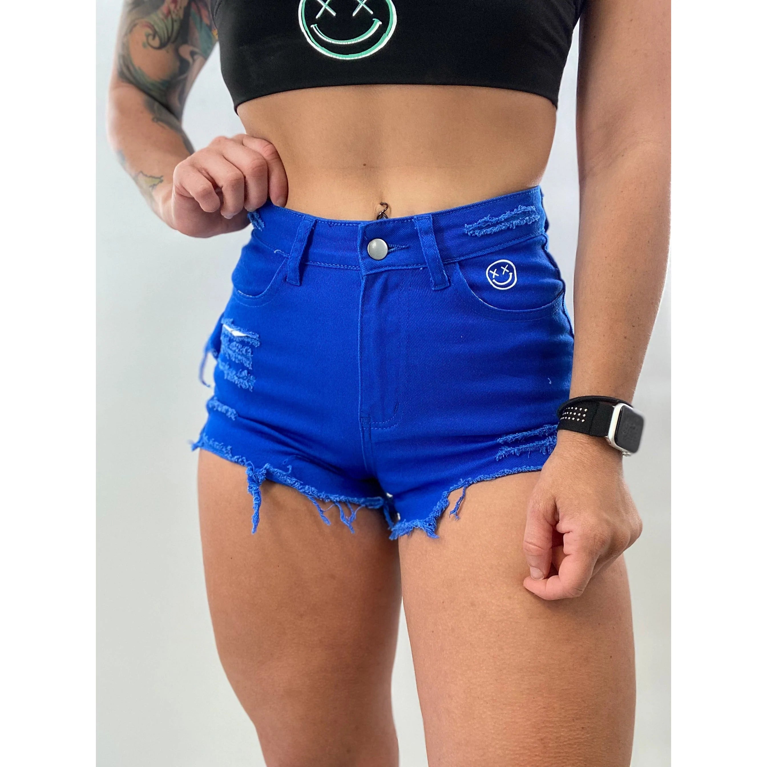 Affordable Trendy Clothes For Women Salty Savage Ladies High Rise “OG Smile” Distressed Stretch Jean Shorts | Royal Blue