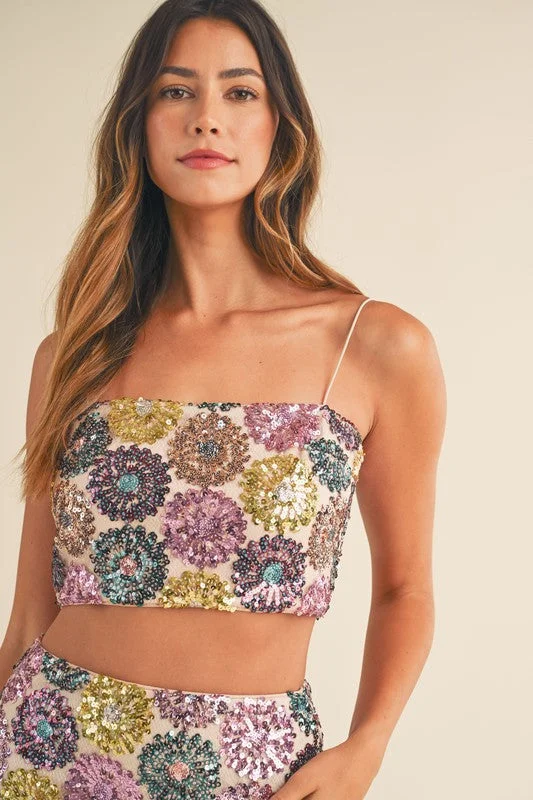 Vintage-Modern Style Offers Get This Party Started Floral Sequin Crop Top - Small - Final Sale