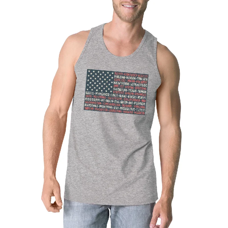 Flash Sale Now 50 States Us Flag Mens Grey Tank Top Funny 4th Of July Cotton Tank