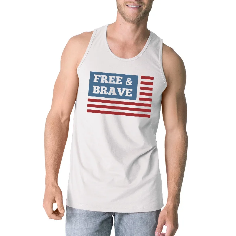 Fashion Forward Free & Brave Us Flag Mens White Funny Graphic Tanks Crewneck Line