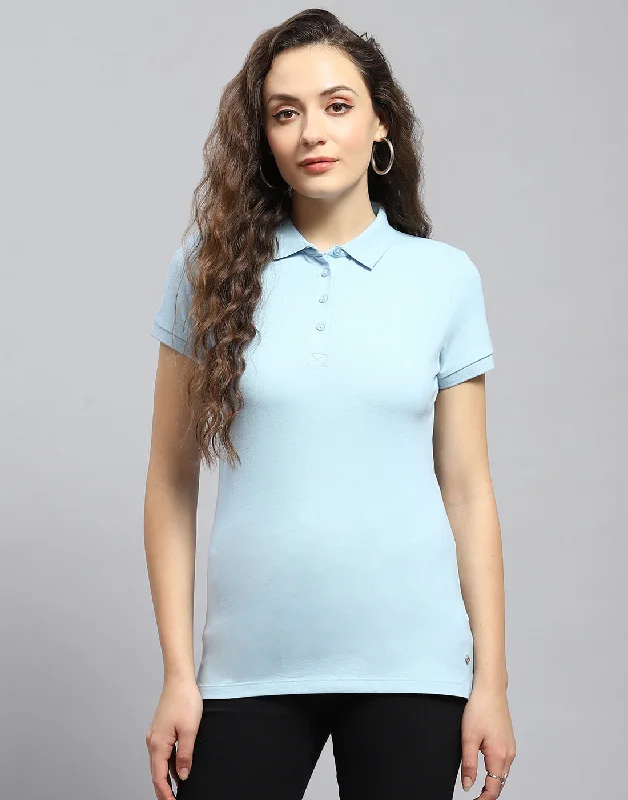 Women's Comfortable Lounge Garments Women Blue Solid Polo Collar Half Sleeve T-Shirt