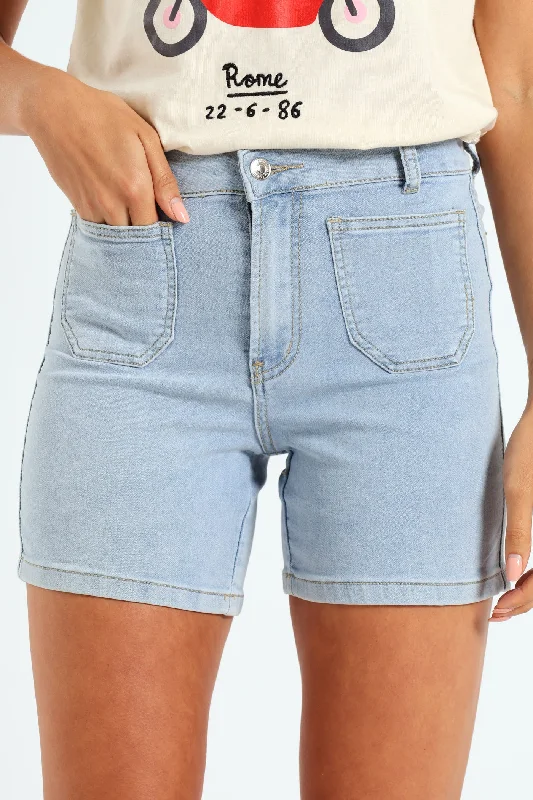 Vintage-Inspired Women's Apparel Patch Pocket Denim Knit Mid Thigh Shorts - Light Wash