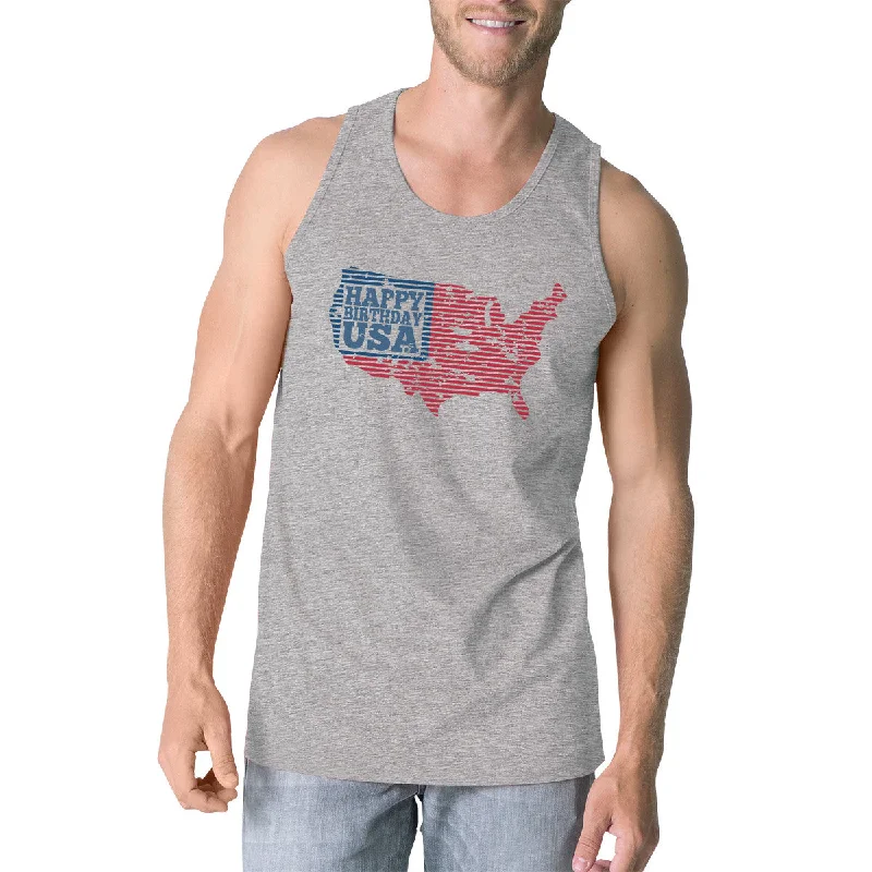 Hot Sale Happy Birthday USA Mens Gray Sleeveless Tshirt Funny 4 Of July Tee