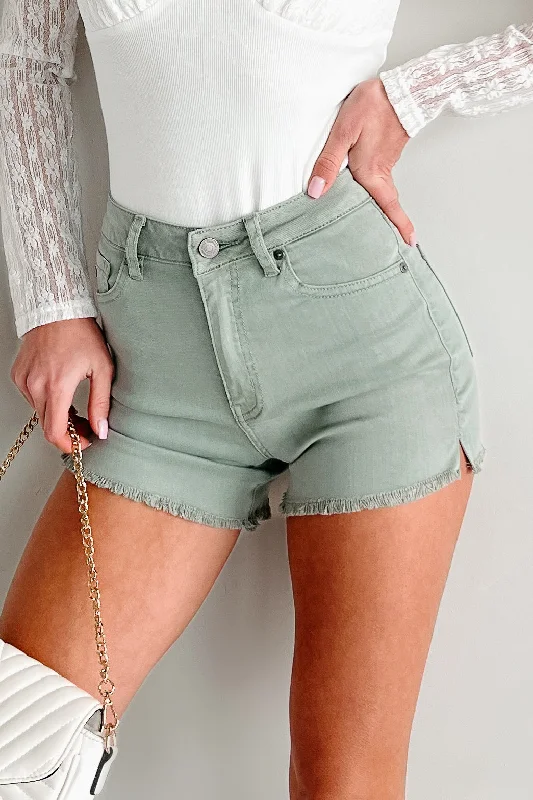 Sophisticated Street Style Offers Jennilyn High Rise Frayed Hem Denim Kancan Shorts (Olive)