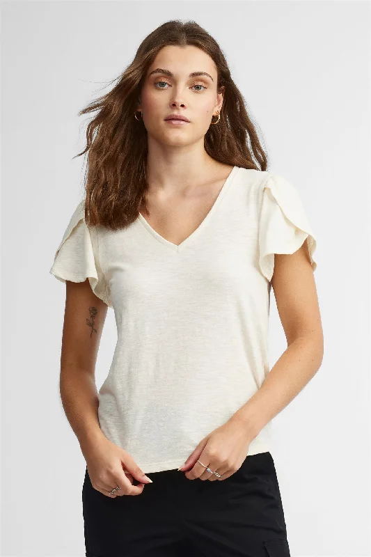 Luxury Casual Deals T-shirt col en V manches courtes tulipe coton - Femme