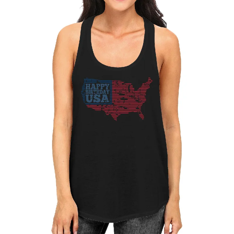 Modern Fashion Sale Happy Birthday USA Womens Black Sleeveless Top Funny 4 Of July Tank