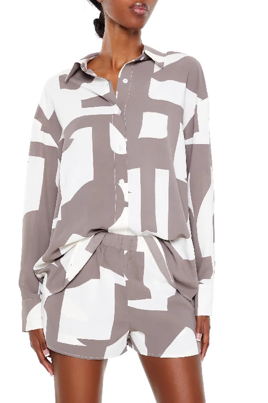 Women's Fashion-Forward Apparel Geo Print Shirt & Shorts Set - Ivory