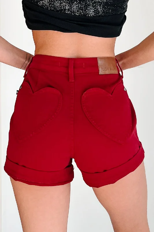 Fashion-Forward Women's Clothing Cheryl High Rise Heart Pocket Judy Blue Denim Shorts (Scarlet)