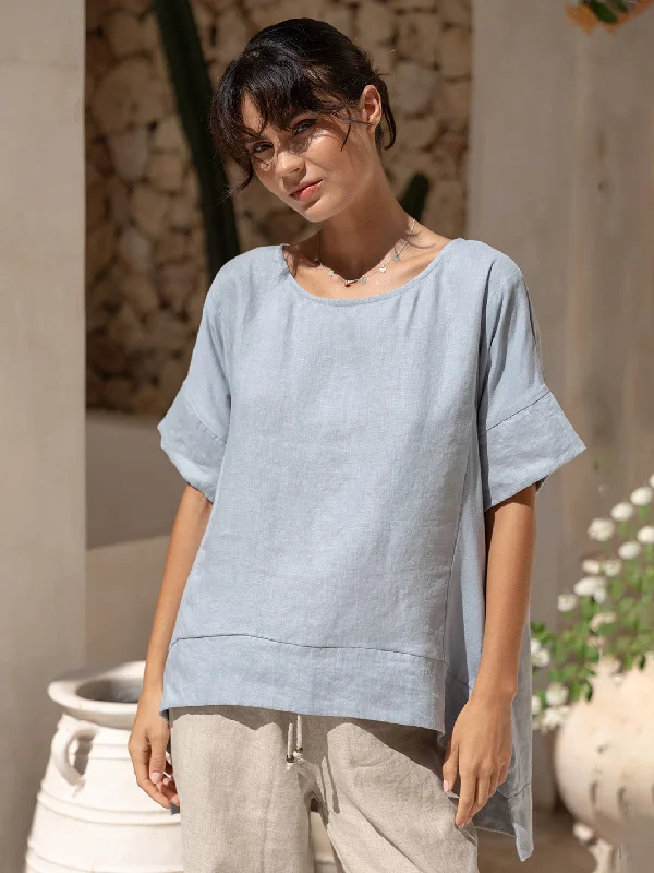 Sleek Style Discounts Costa French Linen and Cotton Top Slate Blue