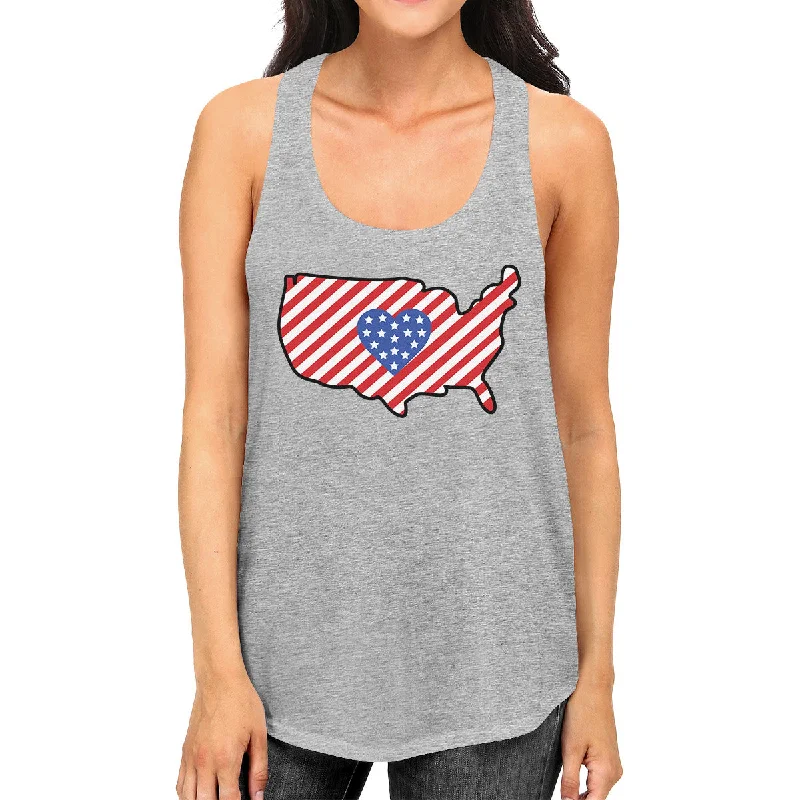 Women's Tailored Outfit USA Map Cute Heart America Flag Womens Grey Racerback Tank Top