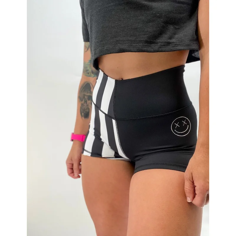 High-Fashion Women's Clothing Salty Savage Ladies High Waist "Cruella Vibes" Spliced Training Shorts | Wet Suit Performance