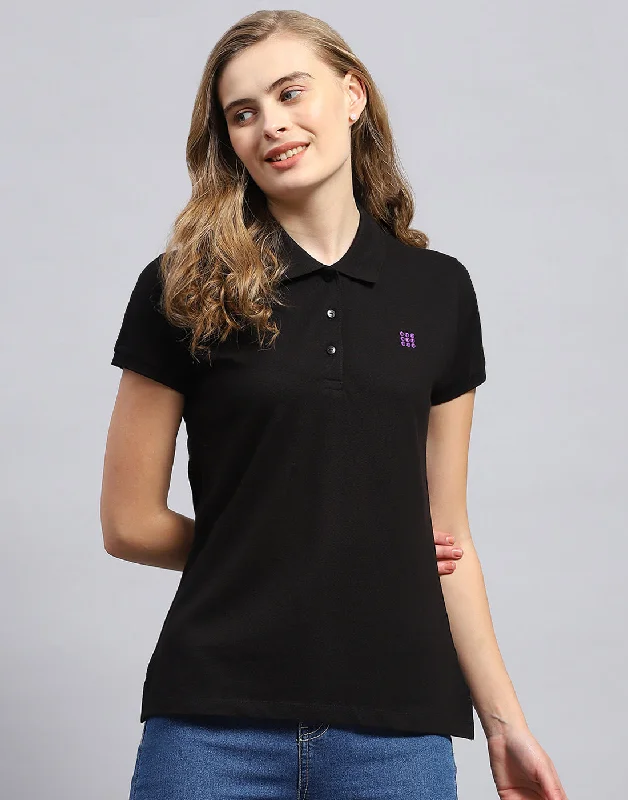 Women's Clothes And Garments Women Black Solid Polo Collar Half Sleeve T-Shirt