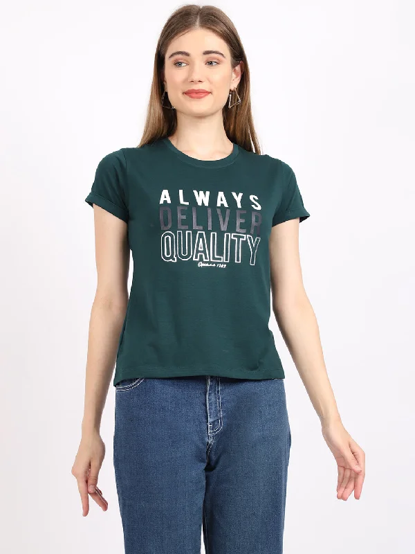 Women's Trendy Garments Women's Casual Regular Short Sleeve Bottle Green Round neck Typographic Print T-Shirt